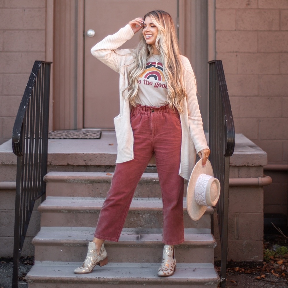 Mauve corduroy straight leg ankle pants